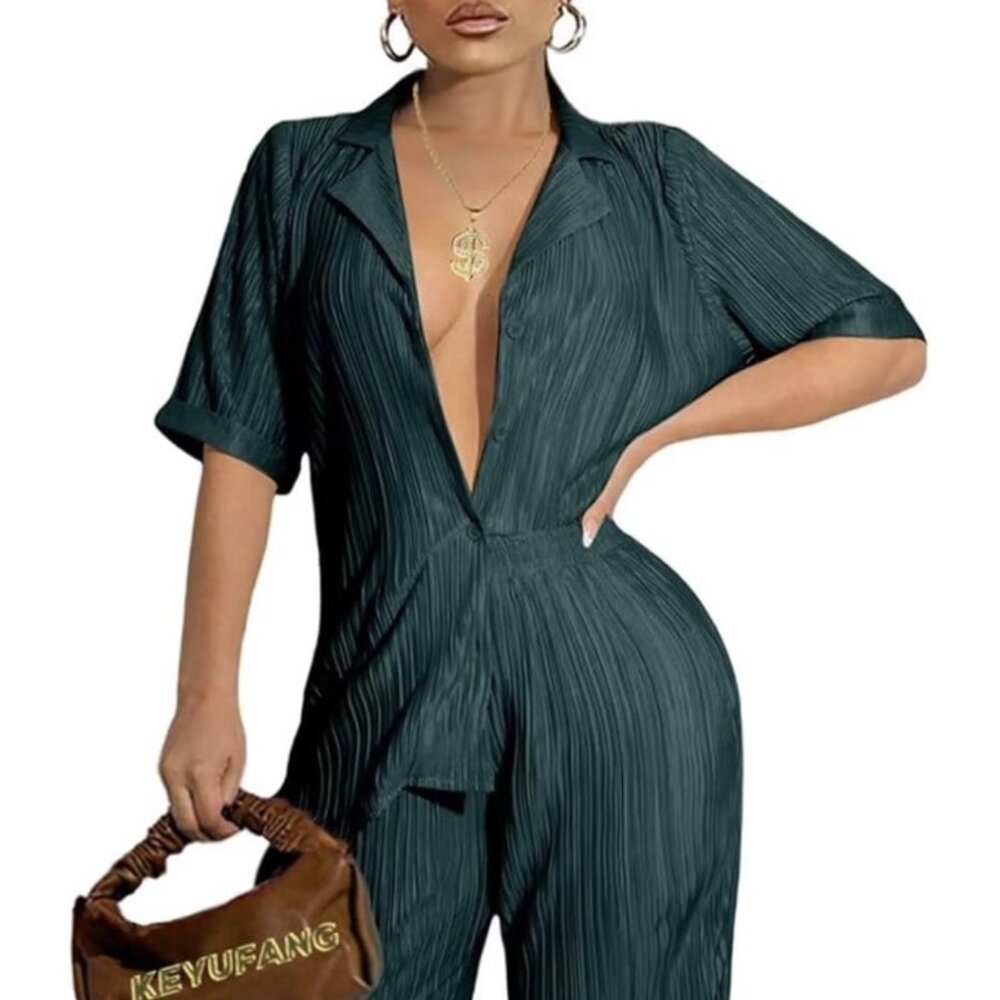 EkalIy Womens Pleated 2 Piece Set Dark Green Button Shirt Wide Leg Pants L